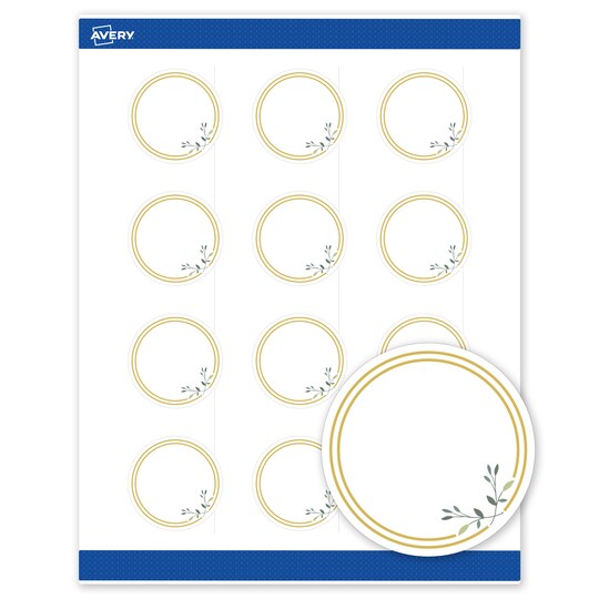 Avery; Avery Printable Round Labels with Sure Feed Technology, Double Gold Border with Florals Design, 2" Diameter, Matte White Permanent Labels, Laser/Inkjet, 120 Total, Great for Product Labels; Category:Labels; Image:1